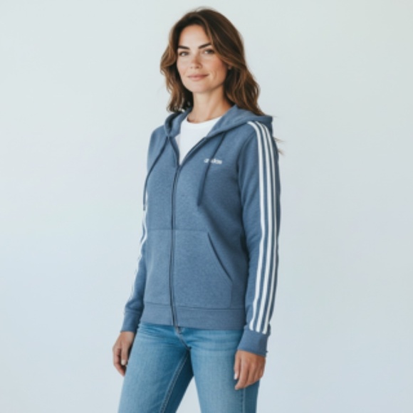 NWT Adidas Full Zip Hoodie Warmup Blue Heather White Stripe Jacket Size L - Picture 1 of 9